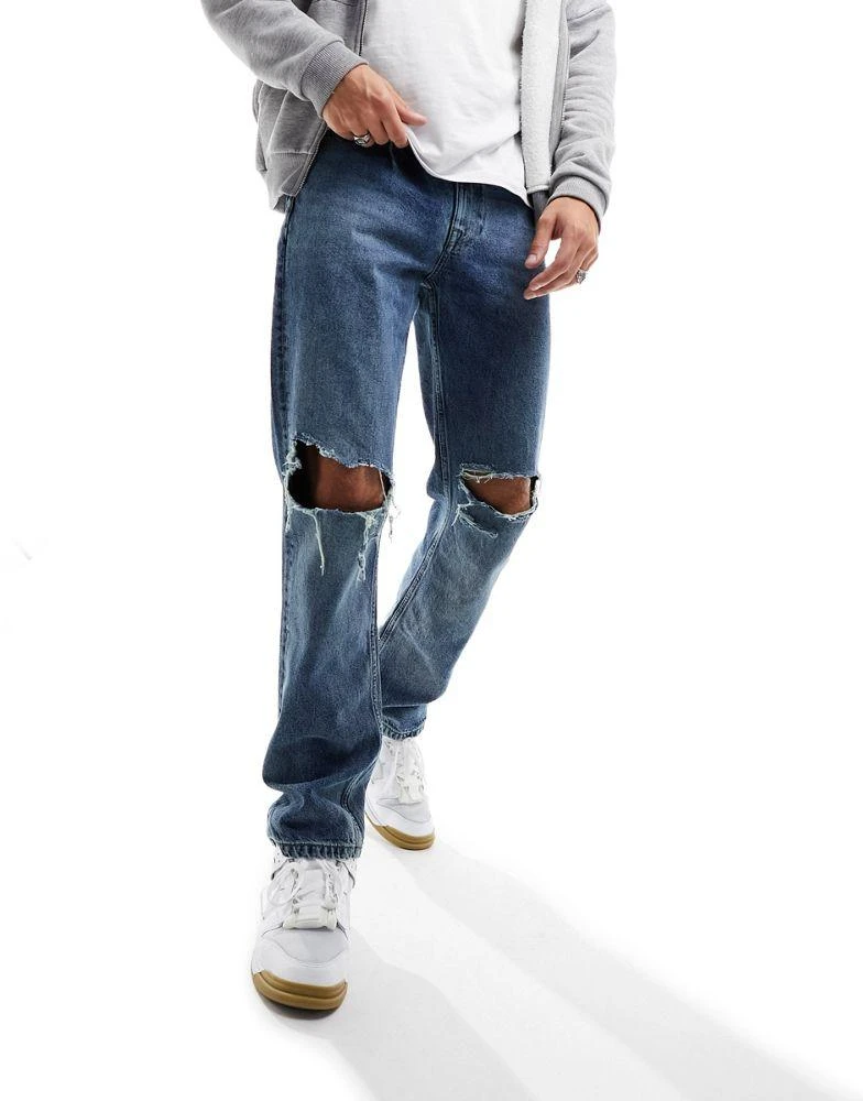 商品ASOS|ASOS DESIGN straight leg jeans with rips in dark wash,价格¥139,第1张图片