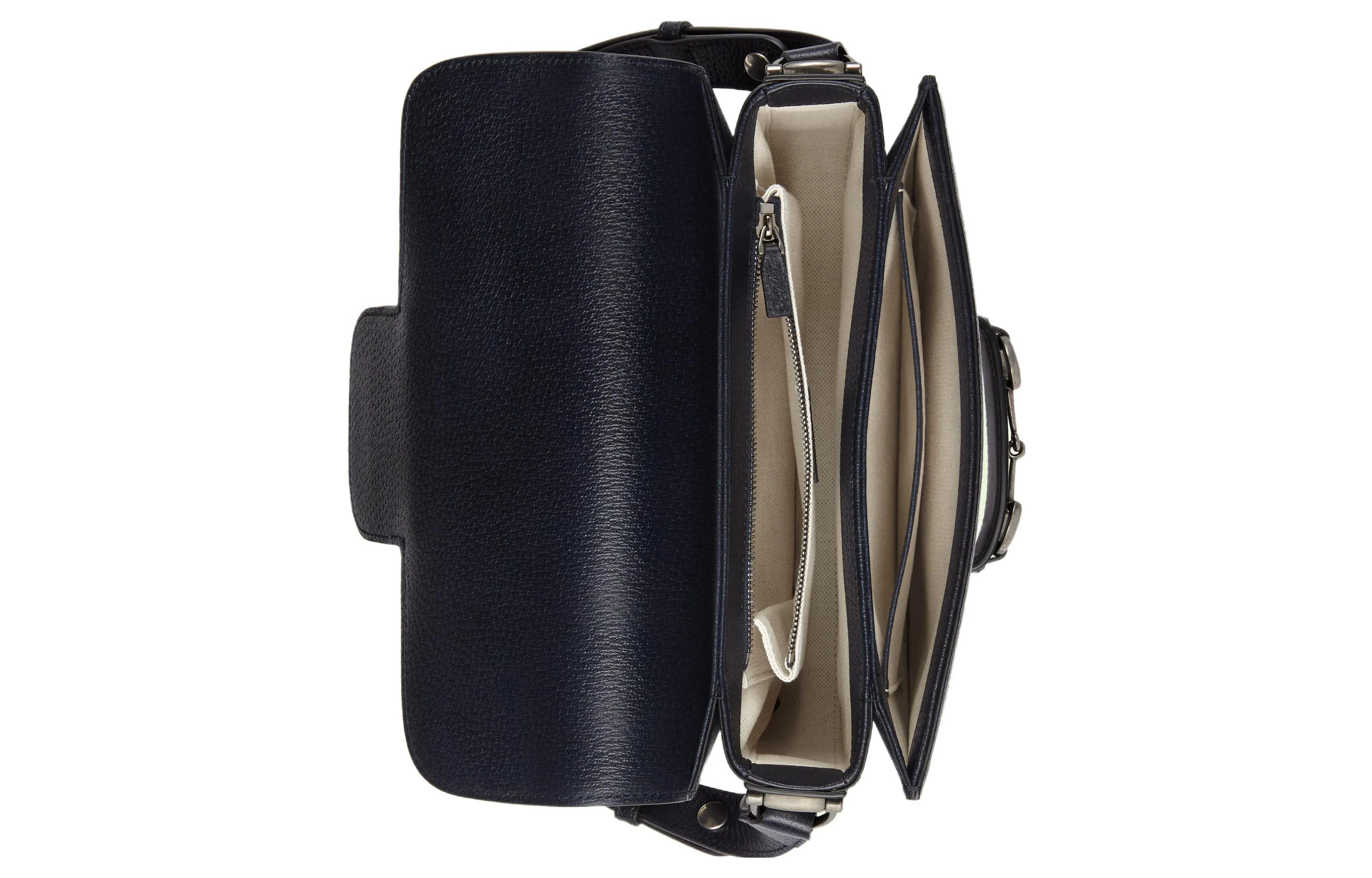 商品[国内直发] Gucci|古驰 Horsebit 1955 复古银扣马衔扣老花Logo 帆布拼皮革饰边 手提单肩斜挎包 小号 男女同款 蓝色/米色,价格¥12716,第6张图片详细描述