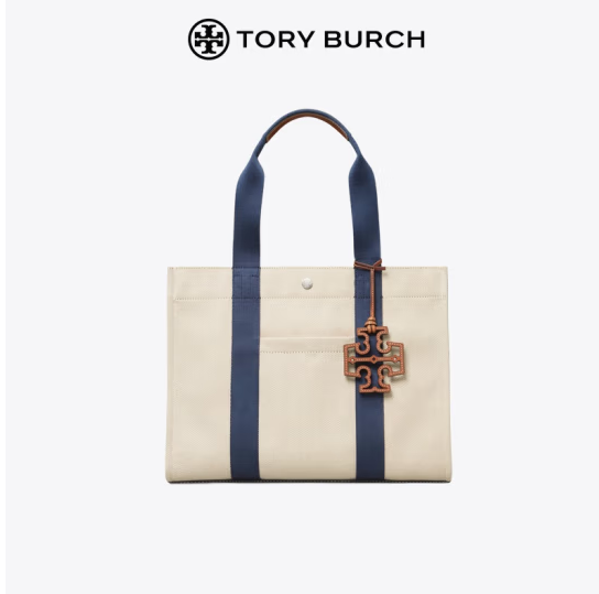 托里·伯奇TORY BURCH 奢侈品 TB 女士TORY系列中号米色拼色织物配皮手提托特包大容量通勤包 135044-254商品第1张图片规格展示