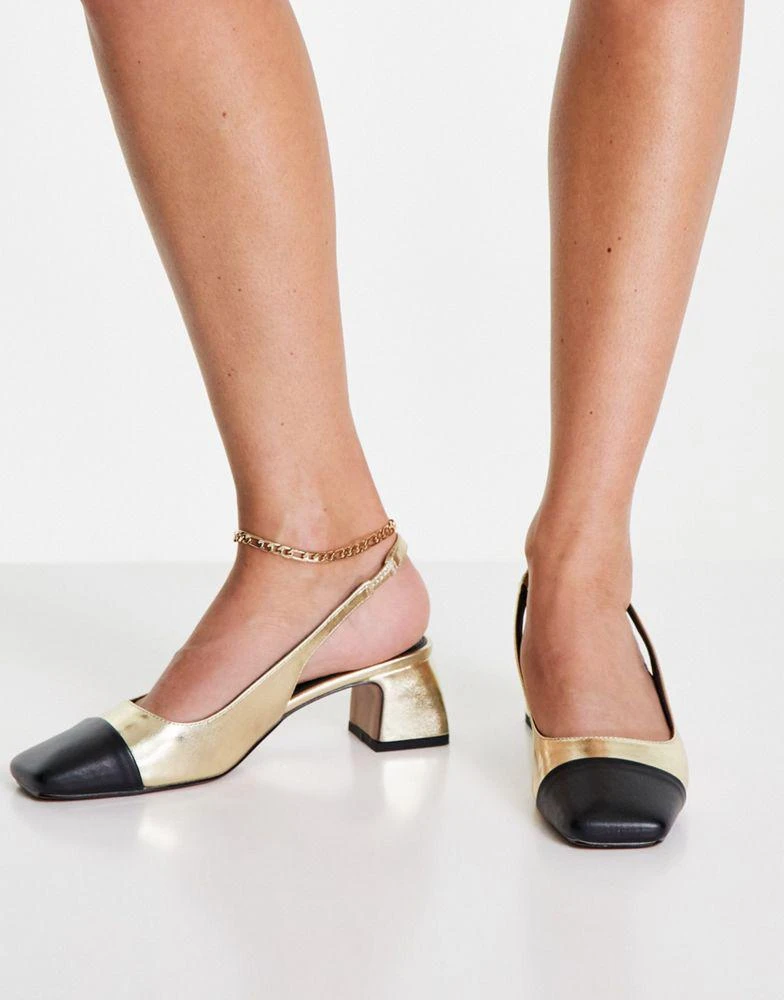 商品ASOS|ASOS DESIGN Sally toe cap slingback block heeled shoes in gold,价格¥146,第3张图片详细描述
