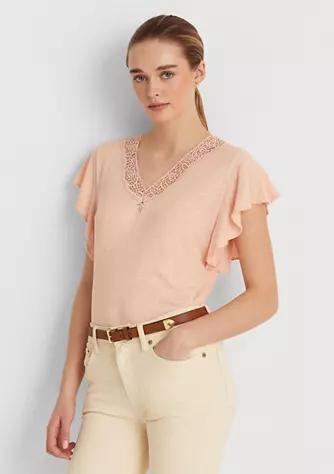 商品Ralph Lauren|Linen-Blend Jersey Flutter-Sleeve T-Shirt,价格¥132,第1张图片