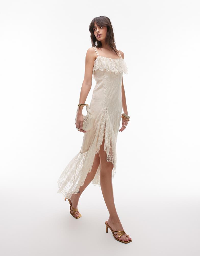 & Other Stories lace midaxi slip dress with sheer asymmetric tiered ruffle detail in vintage cream-White