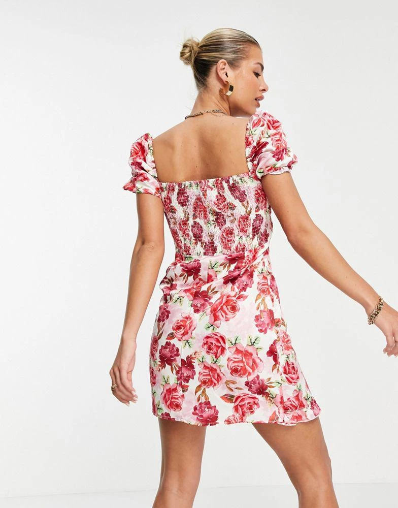 商品I Saw It First|I Saw It First puff sleeve square neck tea dress in pink floral print,价格¥168,第2张图片详细描述