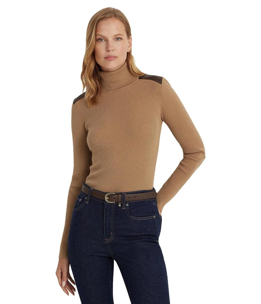 商品Ralph Lauren|Petite Faux Leather Trim Ribbed Turtleneck,价格¥461,第1张图片