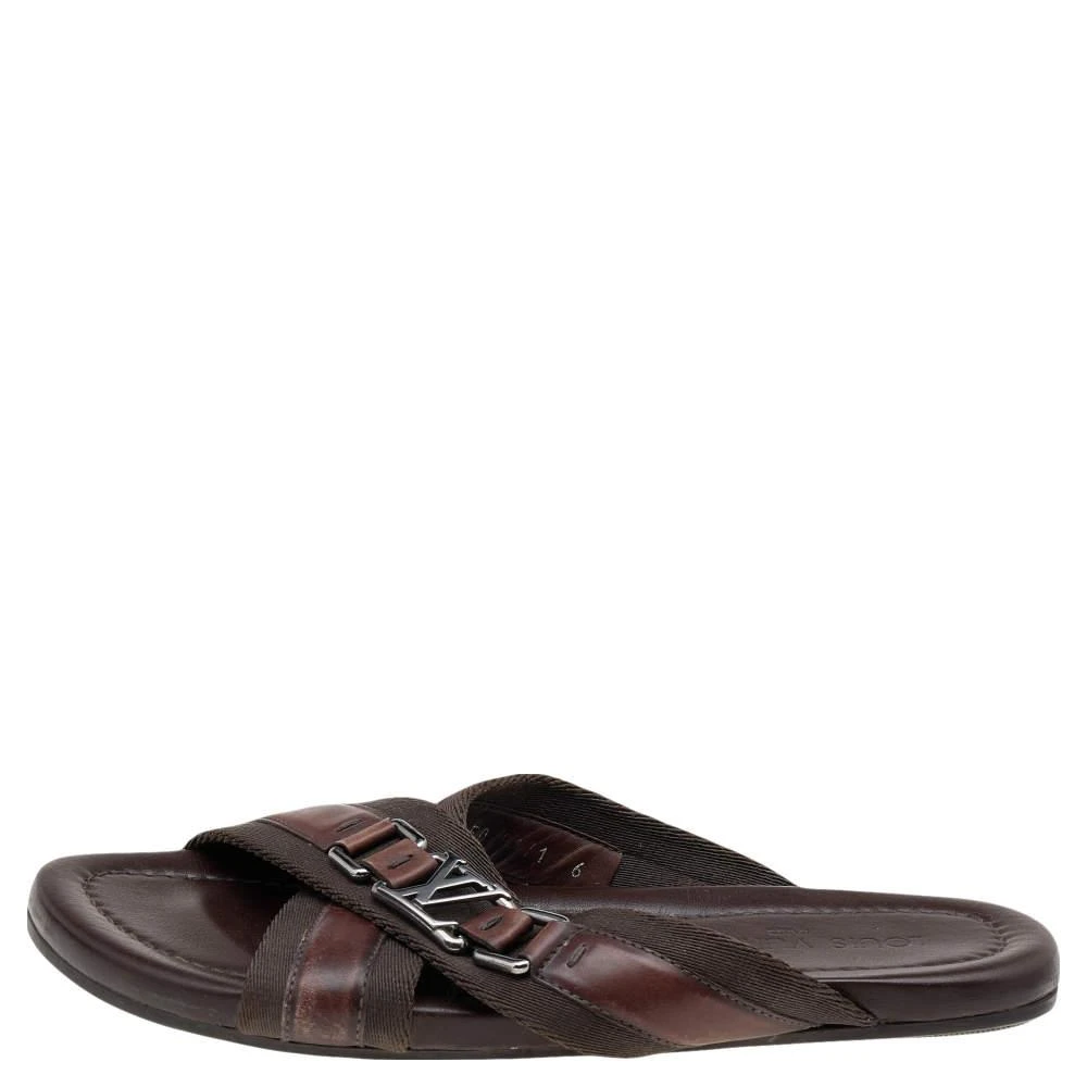 商品[二手商品] Louis Vuitton|Louis Vuitton Brown Leather And Fabric Cross Strap Logo Flat Sandals Size 40,价格¥1648,第2张图片详细描述