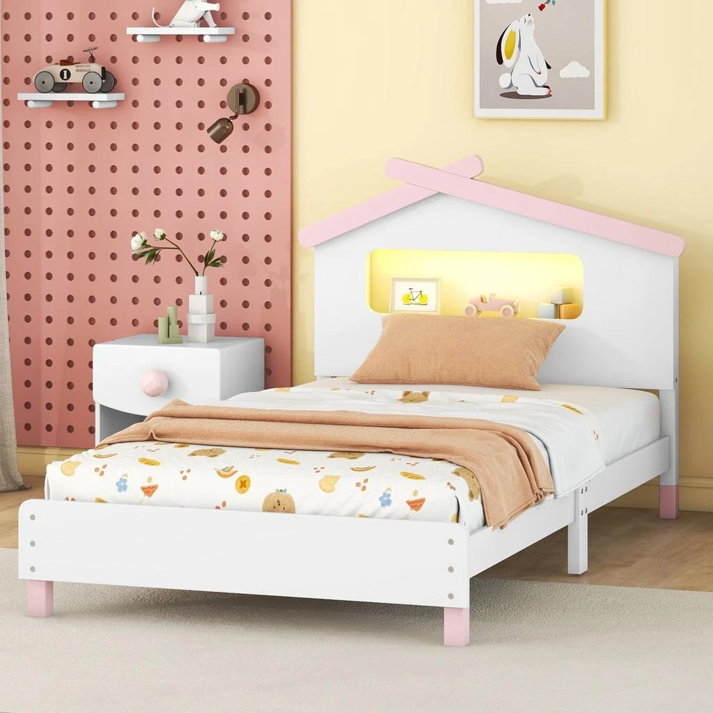 商品Streamdale Furniture|Streamdale Wood Twin Platform Bed with House Headboard & Night Lights (White+,价格¥2506,第1张图片