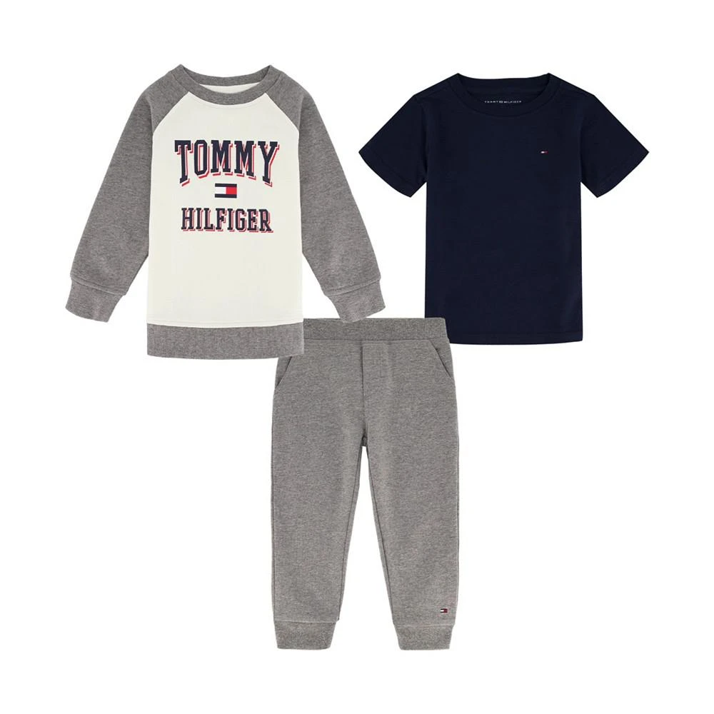 商品Tommy Hilfiger|Baby Boys Basic T-shirt, Fleece Raglan Logo Crewneck and Joggers, 3 Piece Set,价格¥437,第1张图片