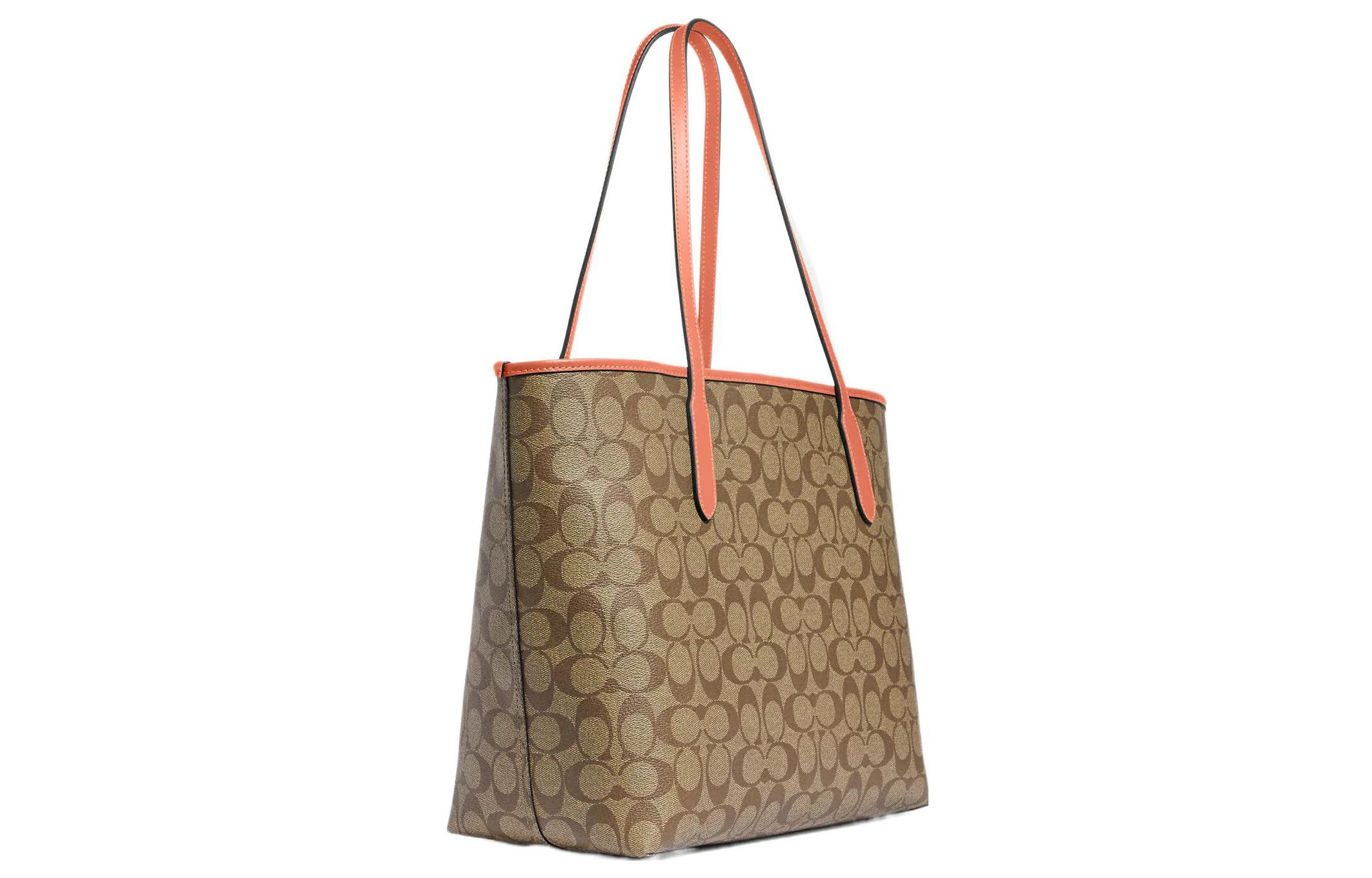 商品[国内直发] Coach|蔻驰 City 33 经典老花按扣开合 PVC 托特包Tote包购物袋手提单肩包 大号 女款 卡其色拼浅珊瑚色,价格¥1864,第3张图片详细描述