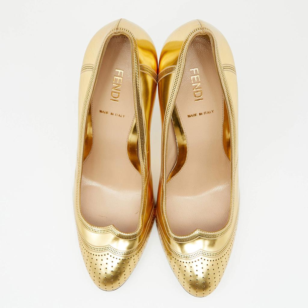Fendi Metallic Gold Perforated Leather Round Toe Pumps Size 37商品第3张图片规格展示