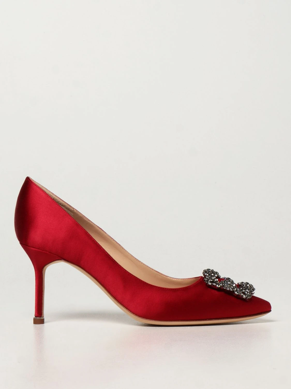 商品Manolo Blahnik|MANOLO BLAHNIK 女士深红色缎面饰有灰色水晶方扣尖头高跟鞋 9XX-0662-0058-DRED,价格¥5177,第1张图片