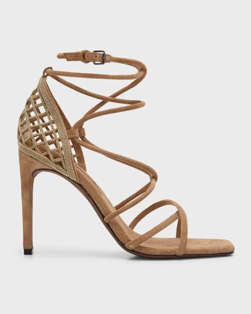 商品Brunello Cucinelli|Suede Monili Caged Ankle-Strap Sandals,价格¥8333,第1张图片
