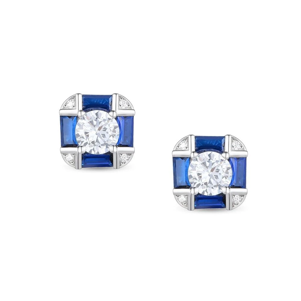 商品Genevive|Sterling Silver White Gold Plated with Blue Sapphire & Vintage Cushion Geometric Stud Earrings,价格¥620,第1张图片