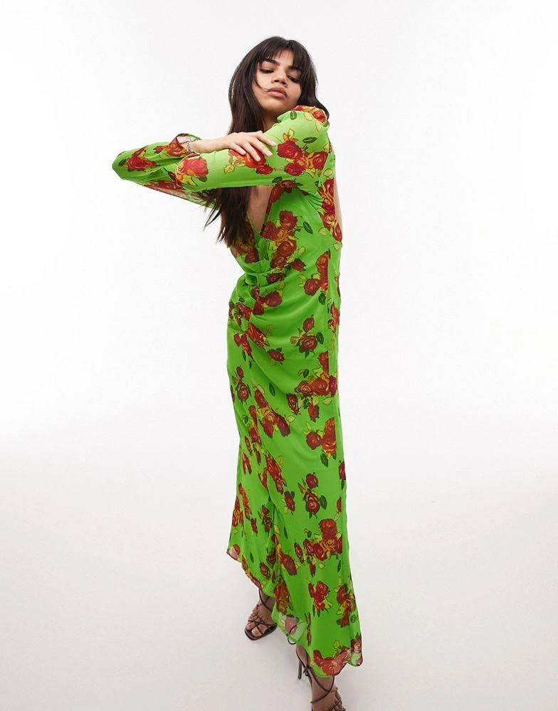 商品Topshop|Topshop gathered floral open back long sleeve maxi dress in green,价格¥249,第1张图片