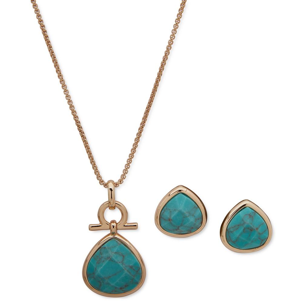 Gold-Tone Teardrop Stone Pendant Necklace & Stud Earrings Set商品第1张图片规格展示