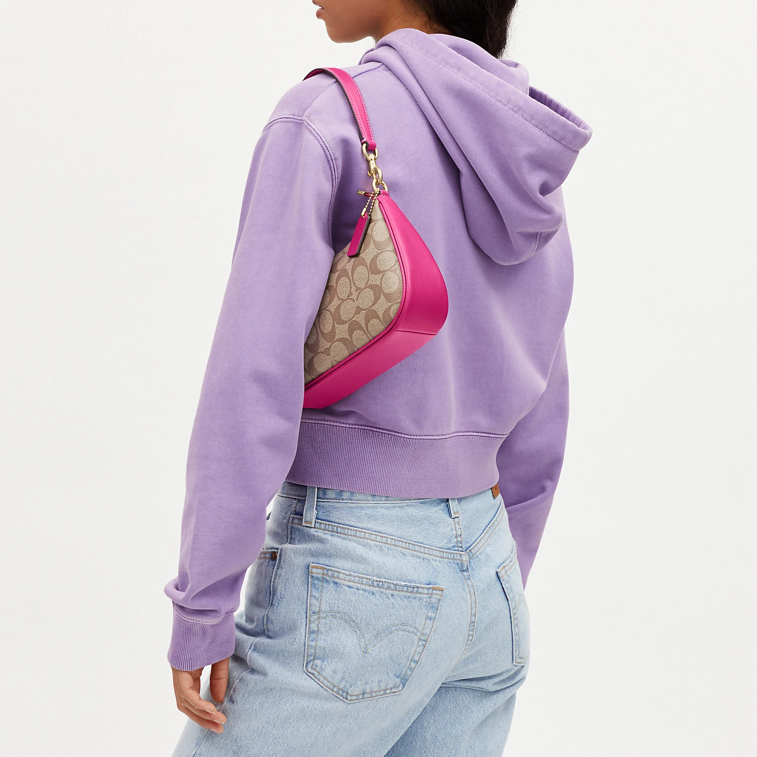 商品[国内直发] Coach|蔻驰 Teri 24 金色徽标经典老花五金扣拉链开合 帆布配皮 帆布包腋下包手提包单肩包 中号 女款 紫色拼卡其色,价格¥1263,第5张图片详细描述