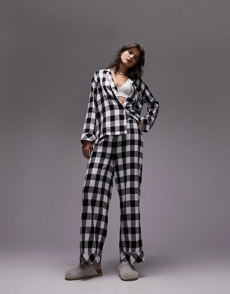 商品Topshop|Topshop brushed check piped shirt and trouser pyjama set in monochrome,价格¥373,第3张图片详细描述