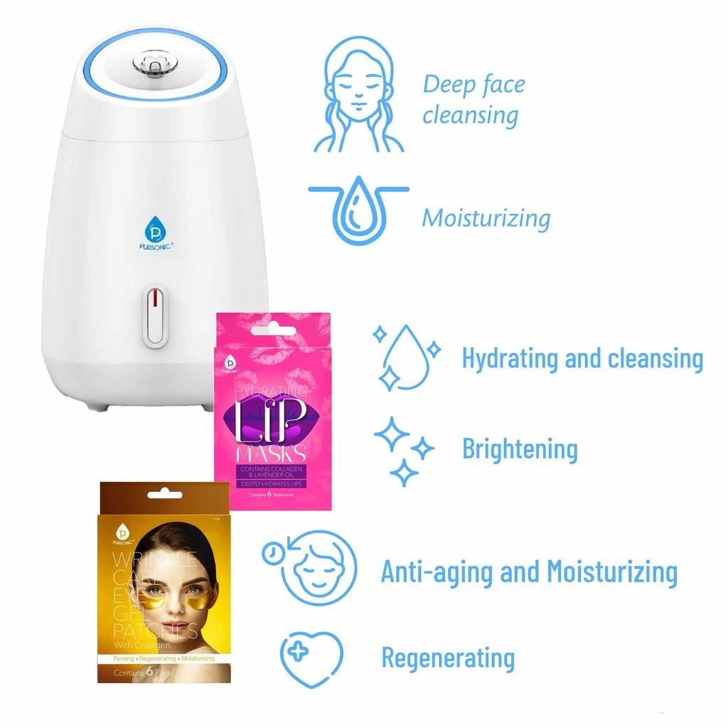 商品PURSONIC|Pursonic Deluxe Facial Steamer with 6 Soothing Eye Masks & 6 Nourishing Lip Masks,价格¥292,第3张图片详细描述