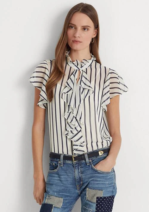 商品Ralph Lauren|Ralph Lauren Striped Ruffle Trim Chiffon Blouse,价格¥285,第1张图片