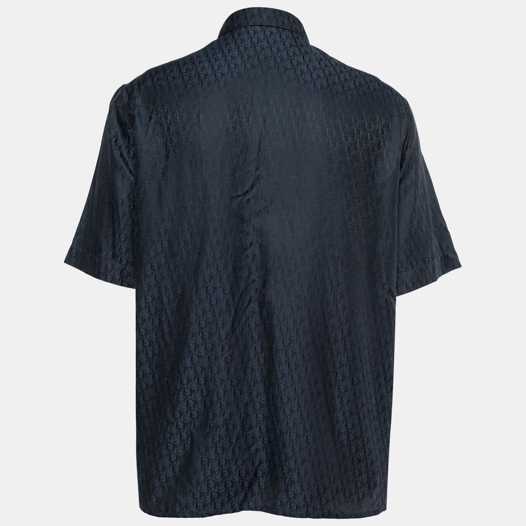 Dior Navy Blue Logo Jacquard Silk Button Front Short Sleeve Shirt L商品第2张图片规格展示