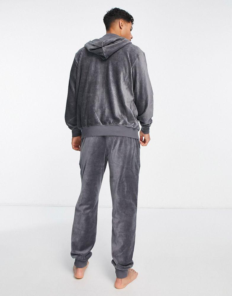 Emporio Armani Bodywear ribbed velour lounge zip hoodie in grey商品第2张图片规格展示