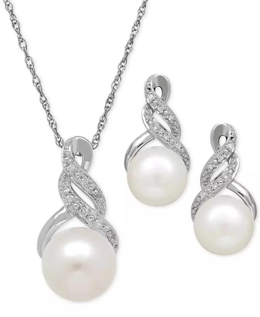 商品Macy's|Cultured Freshwater Pearl (8 & 9mm) and Diamond Accent Pendant Necklace and Earrings Set in Sterling Silver or 14k Gold Over Silver,价格¥3424,第2张图片详细描述