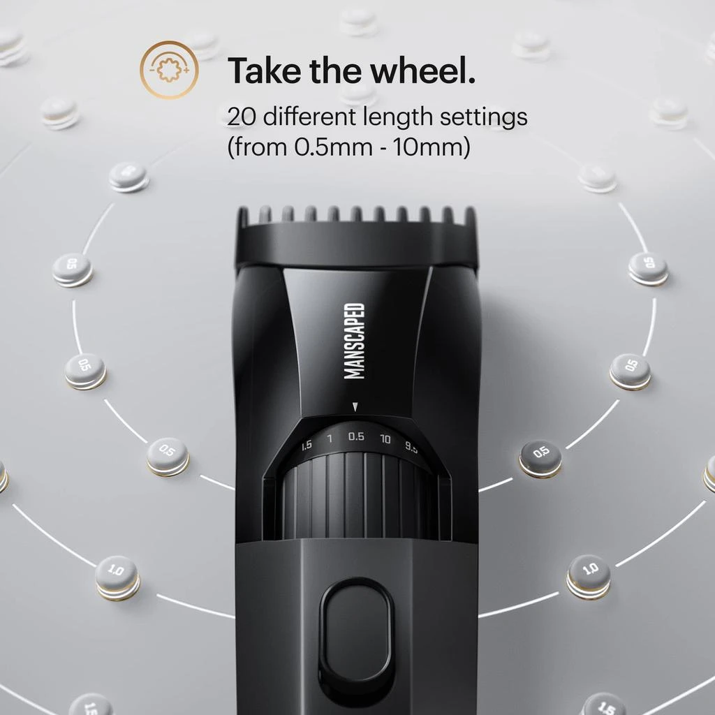 商品MANSCAPED|MANSCAPED® The Beard Hedger® Premium Men's Beard Trimmer, 20 Length Adjustable Blade Wheel, Stainless Steel T-Blade for Precision Facial Hair Trimming, Cordless Waterproof Wet/Dry Clipper,价格¥836,第4张图片详细描述