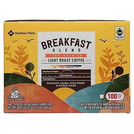 商品Member's Mark|Member's Mark Breakfast Blend Light Roast Coffee Pods, 100 ct.,价格¥245,第4张图片详细描述