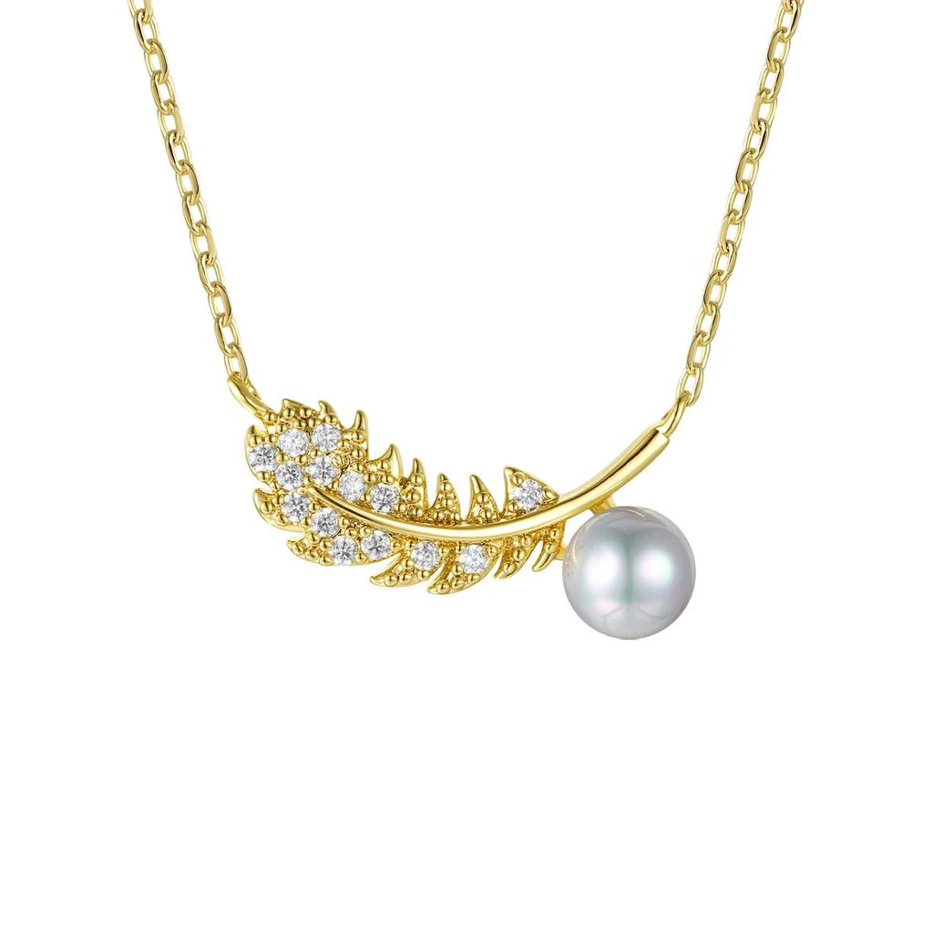 商品Rachel Glauber|Rg 14k Gold Plated with Diamond Cubic Zirconia & Faux Pearl Fern Leaf Pendant Necklace,价格¥434,第1张图片