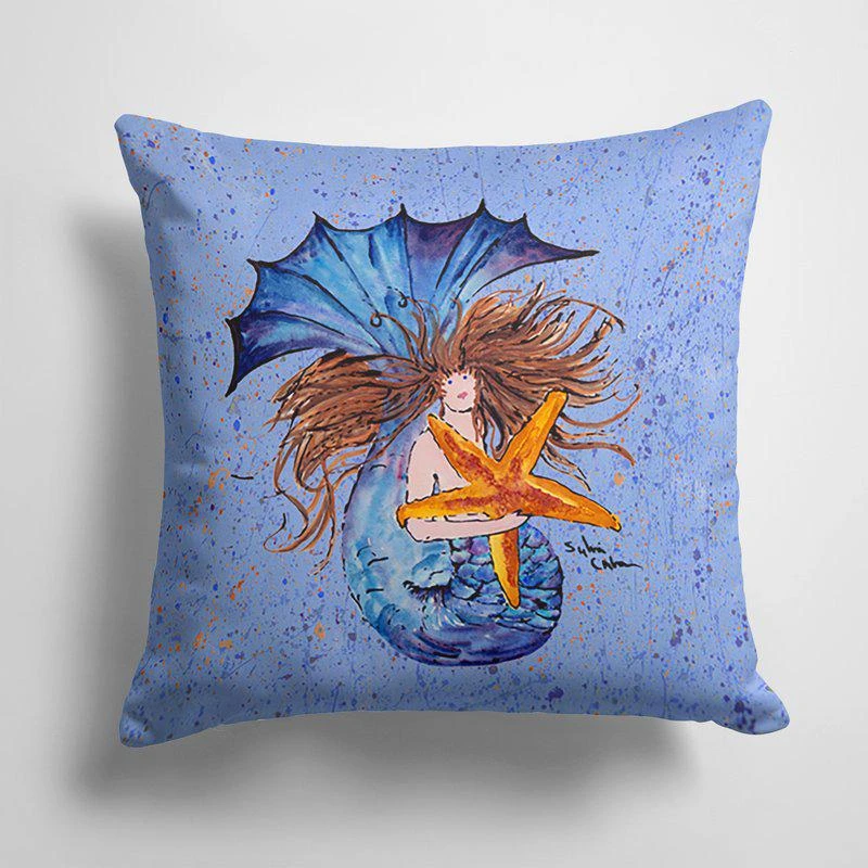 商品Caroline's Treasures|14 in x 14 in Outdoor Throw PillowBrown Headed Mermaid on Blue Fabric Decorative Pillow 15 X 15 IN,价格¥269,第1张图片