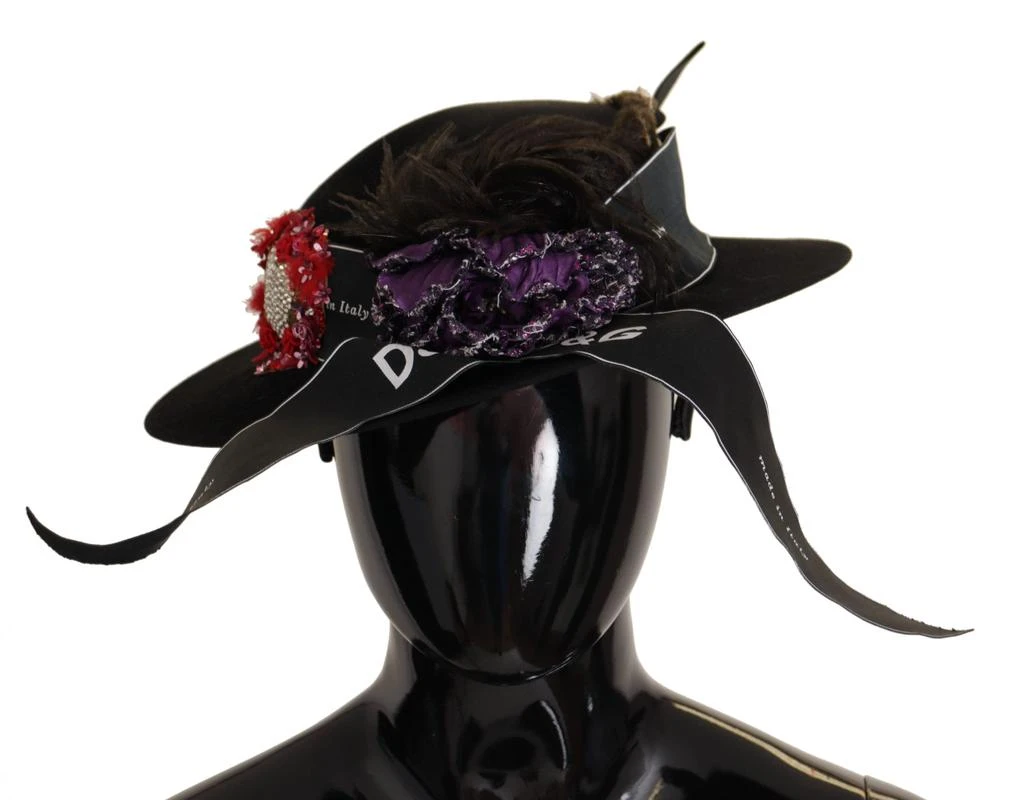 商品Dolce & Gabbana|Dolce & Gabbana Black Lapil Crystal Heart Feather Brooch Fedora Hat,价格¥2483,第1张图片