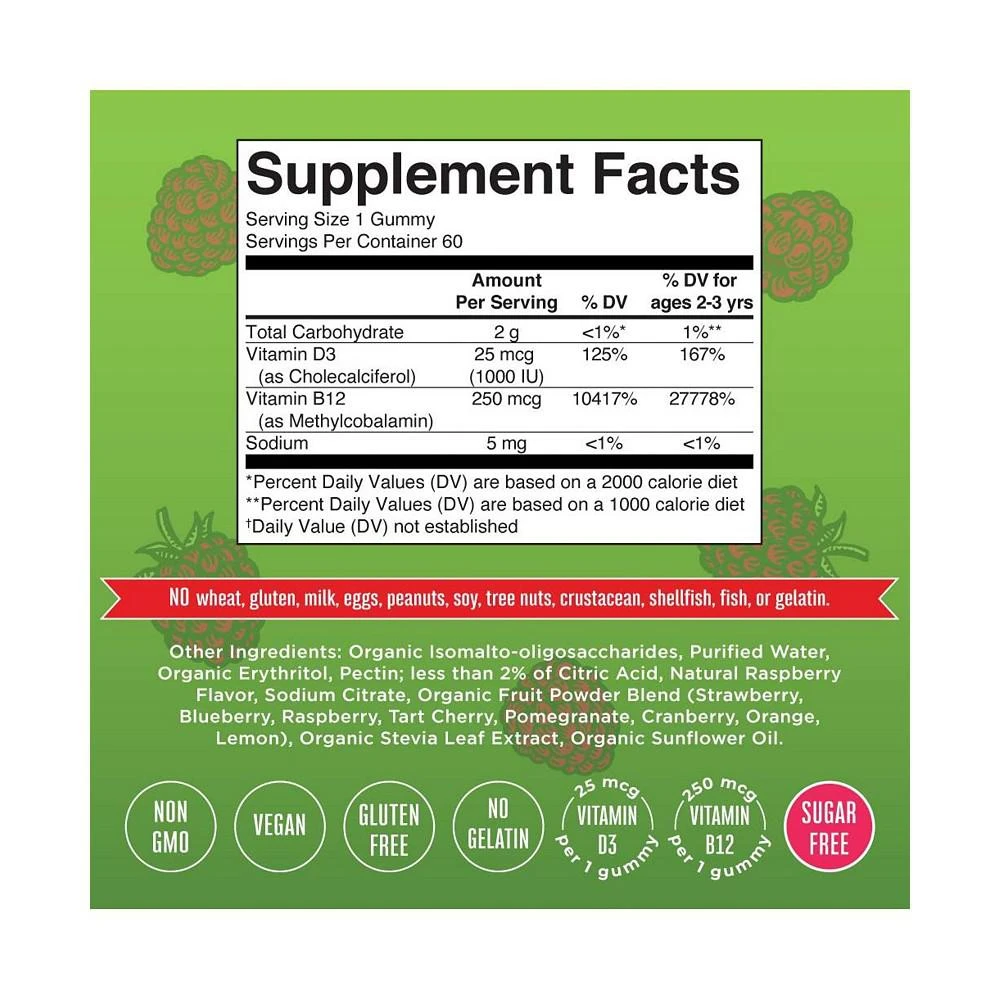 商品MaryRuth Organics|D3+B12 Gummies, SF, Raspberry, 60ct,价格¥216,第3张图片详细描述