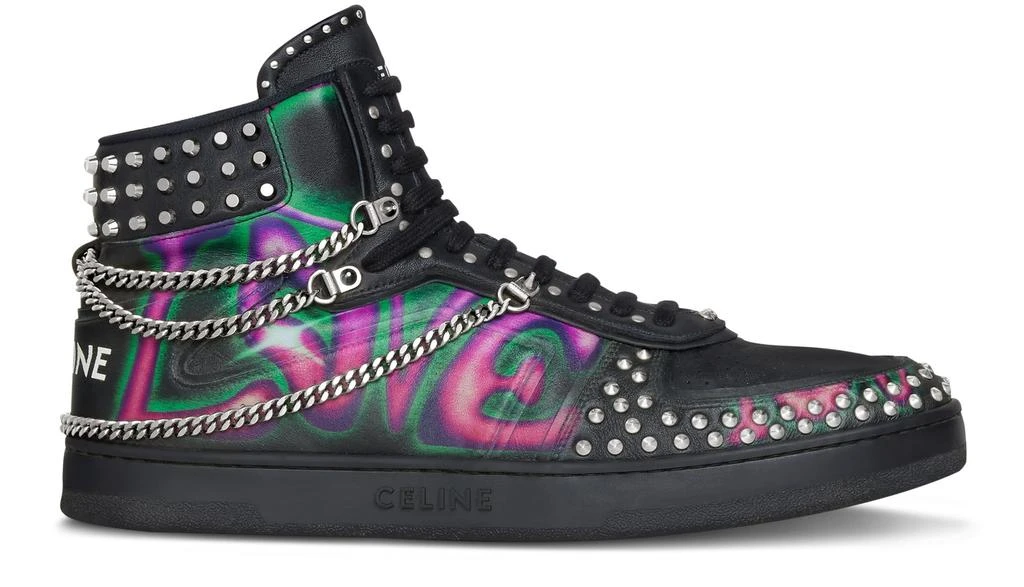 商品Celine|Ct-01 "z" trainer high top sneaker with chains and studs in printed calfskin "hate to love you",价格¥5447,第1张图片