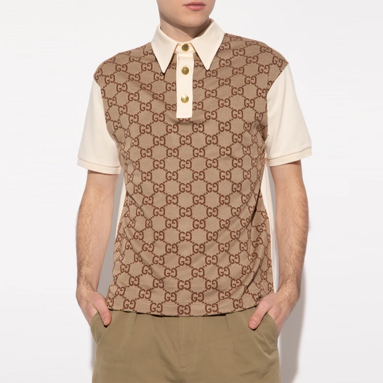商品[国内直发] Gucci|古驰 Aria系列 老花拼接金扣短袖Polo衫 男款 卡其色,价格¥5448,第3张图片详细描述