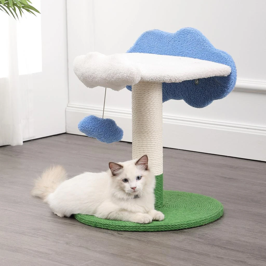商品THE LICKER STORE|Sami 21.5" Modern Jute Cloud Cat Tree with Scratching Post, and Fuzzy Toy, White/Blue/Green,价格¥1051,第2张图片详细描述