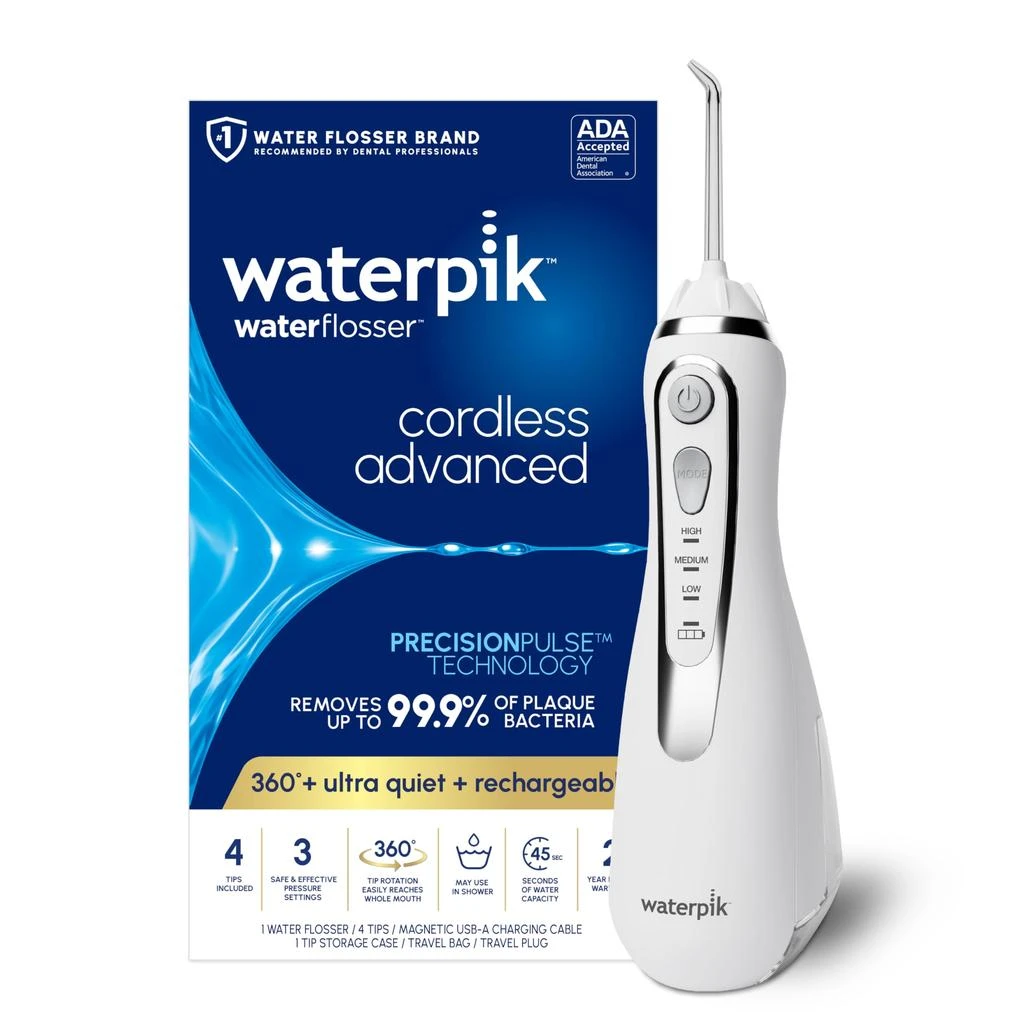 商品Waterpik|Waterpik Cordless Advanced 2.0 Water Flosser For Teeth, Gums, Braces, Dental Care With Travel Bag and 4 Tips, ADA Accepted, Rechargeable, Portable, and Waterproof, White WP-580, Packaging May Vary,价格¥557,第1张图片