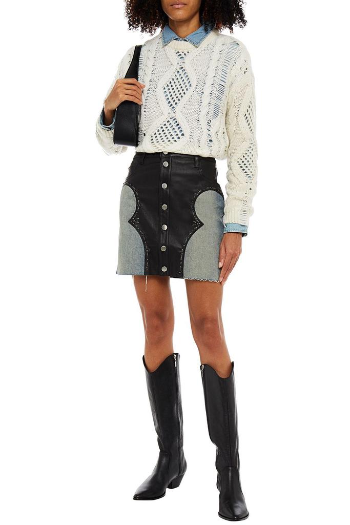 Denim-paneled studded leather mini skirt商品第4张图片规格展示