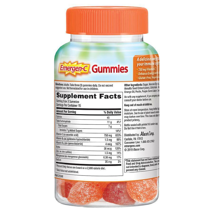 商品Emergen-C|Immune Support Gummies with 500 mg Vitamin C, Folic Acid, and B Vitamins Orange, Tangerine, Raspberry,价格¥87,第4张图片详细描述