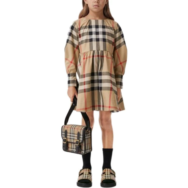 商品[国内直发] Burberry|博柏利 拼色格纹圆领长袖连衣裙 米色 儿童款,价格¥3058,第4张图片详细描述