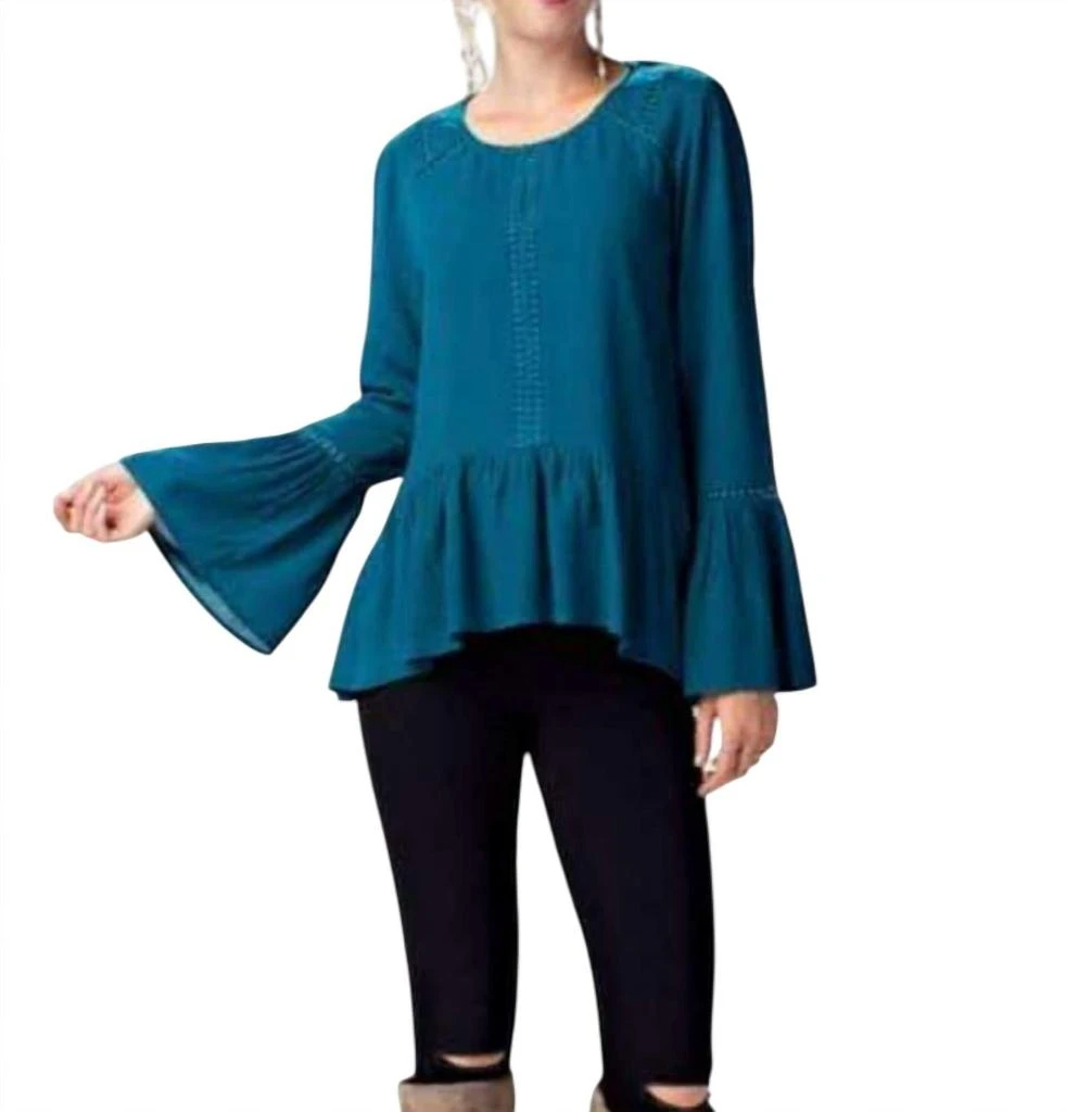 商品Kori|Long Sleeve Round Neck Top With Ruffled Hem In Teal,价格¥269,第1张图片