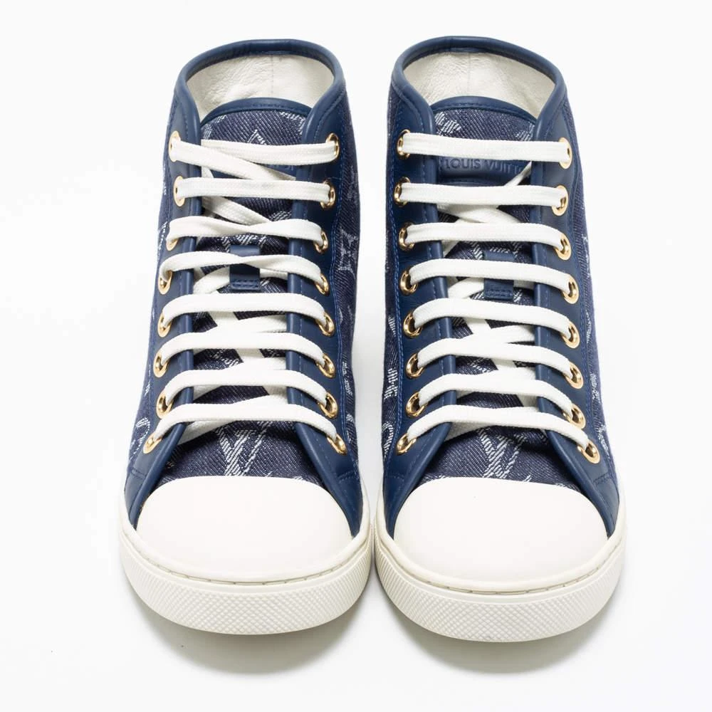 商品[二手商品] Louis Vuitton|Louis Vuitton Navy Blue/White Monogram Canvas, Leather and Rubber Cap-Toe Punchy High-Top Sneakers Size 37.5,价格¥3365,第3张图片详细描述