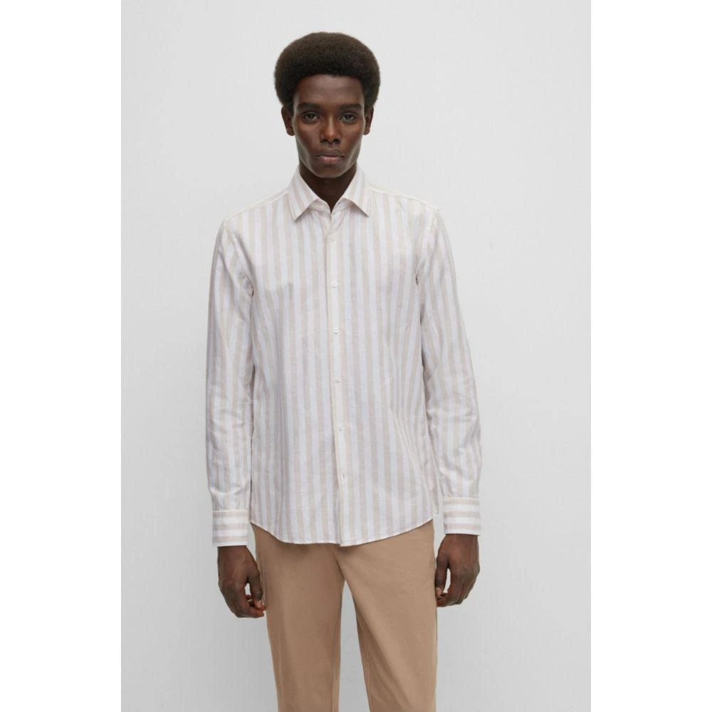 商品Hugo Boss|Regular-fit long-sleeved shirt in striped fabric,价格¥672,第3张图片详细描述