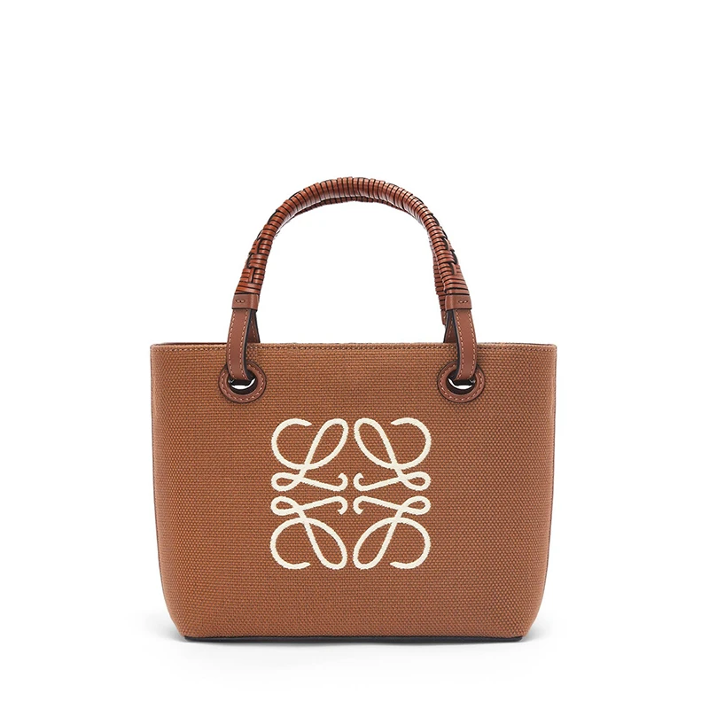商品Loewe|LOEWE/罗意威 22年新款 女士棕褐色帆布小牛皮提花饰徽标刺绣藤条手提袋肩背手提托特包A717S74X01-2713,价格¥12801,第1张图片