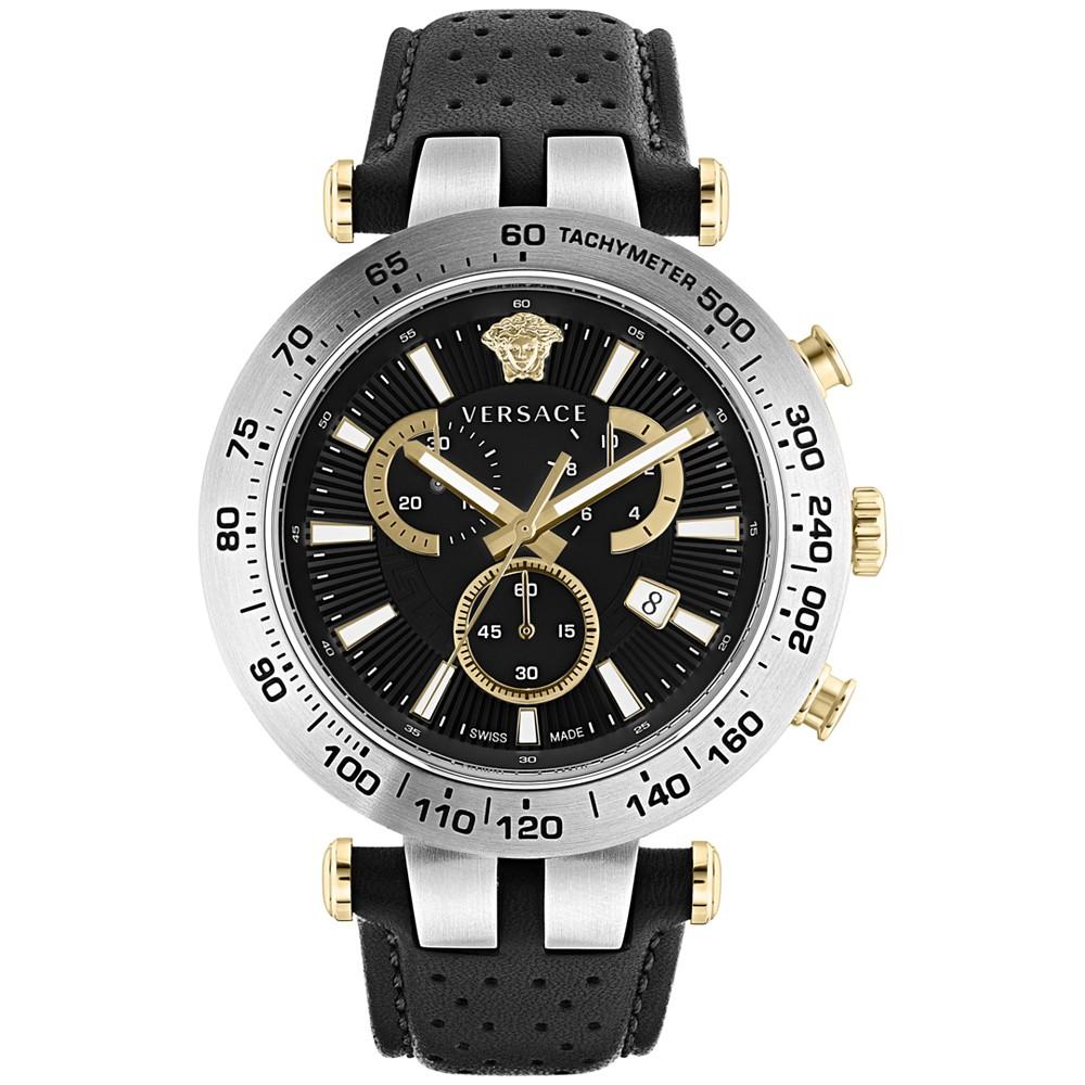 Men's Swiss Chronograph Bold Black Perforated Leather Strap Watch 46mm商品第1张图片规格展示