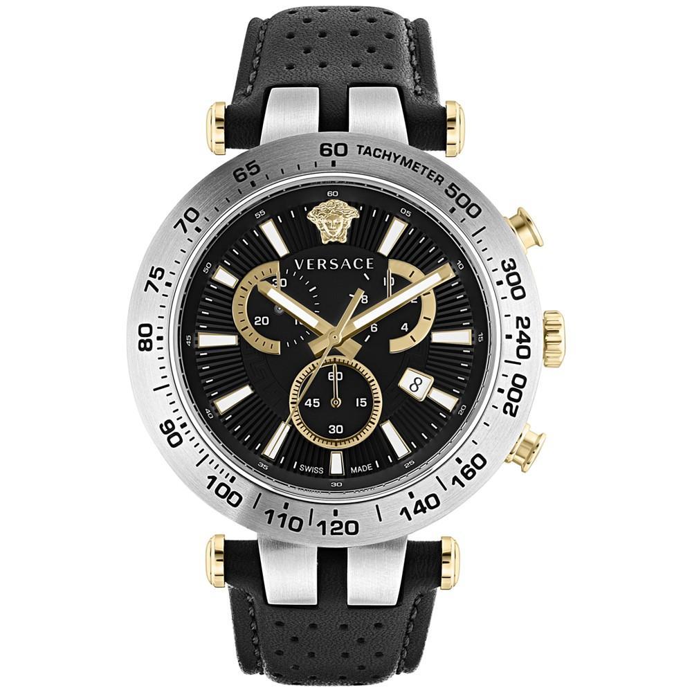 商品Versace|Men's Swiss Chronograph Bold Black Perforated Leather Strap Watch 46mm,价格¥8078,第1张图片