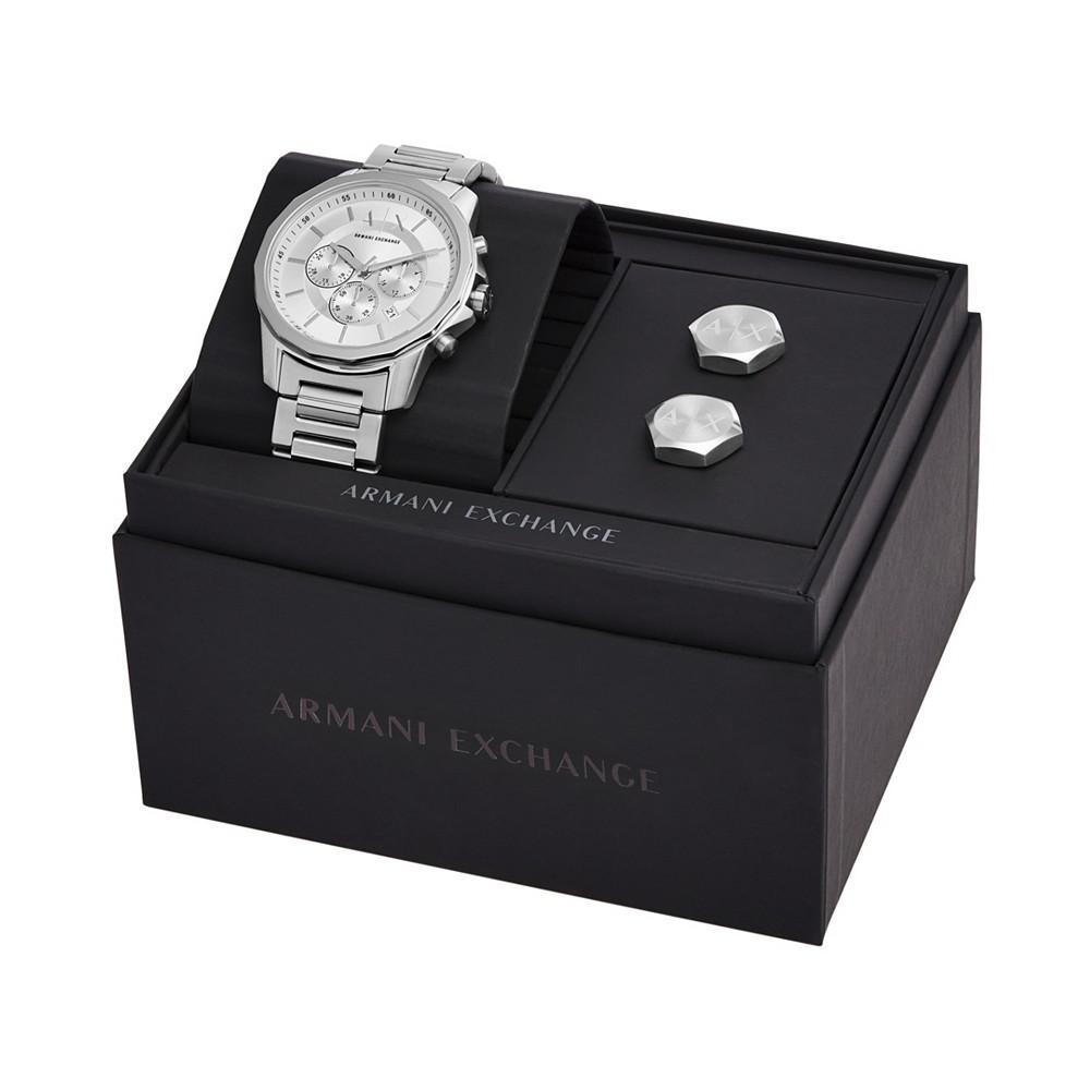 Men's Chronograph Silver-ToneStainless Steel Bracelet Watch, 44mm and Cuff Links Gift Set商品第1张图片规格展示