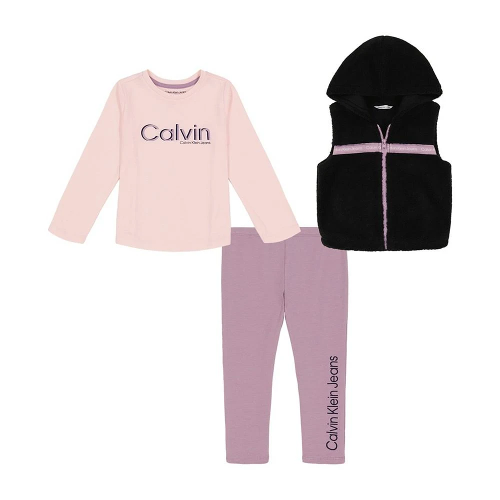 商品Calvin Klein|Little Girls Hooded Sherpa Vest with Logo T-shirt and Leggings, 3 Piece Set,价格¥134,第1张图片