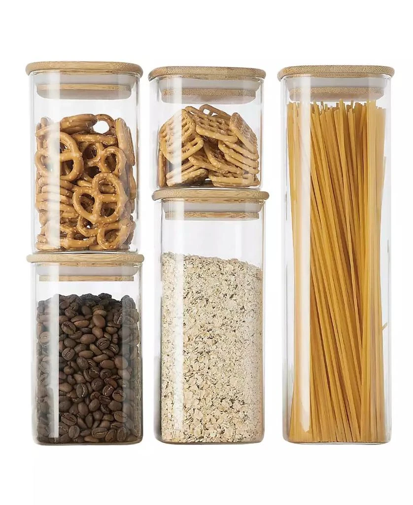 商品Genicook|5 Pc Glass Food Storage Jars, Borosilicate Glass Canister Set with Bamboo,价格¥277,第1张图片