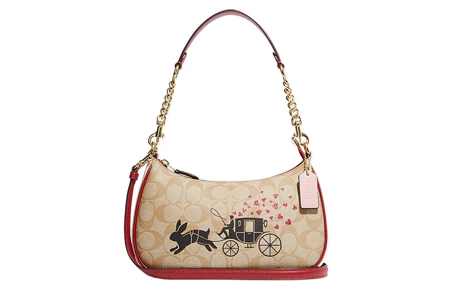 商品[国内直发] Coach|蔻驰 Teri 25 经典老花兔子马车印花拉链开合 牛皮革细节 手提单肩包 中号 女款 卡其色,价格¥1856,第1张图片