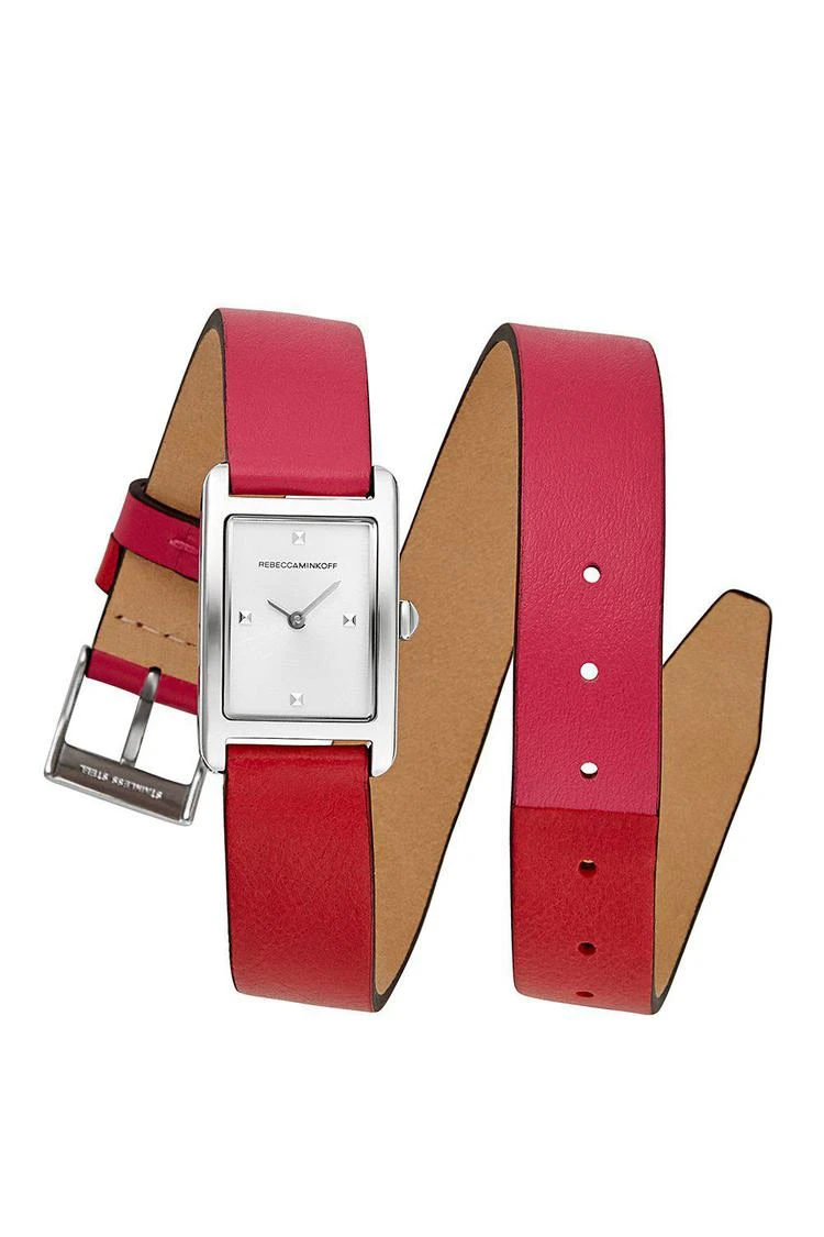 商品Rebecca Minkoff|Moment银色配粉色和红色皮表带腕表，19x30MM,价格¥555,第1张图片