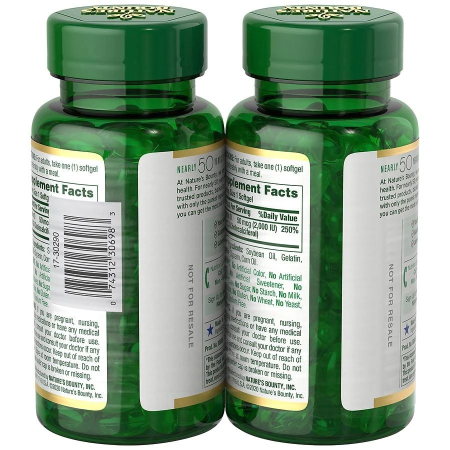 商品Nature's Bounty|Vitamin D3 2000 IU Softgels, Twin Pack,价格¥251,第2张图片详细描述